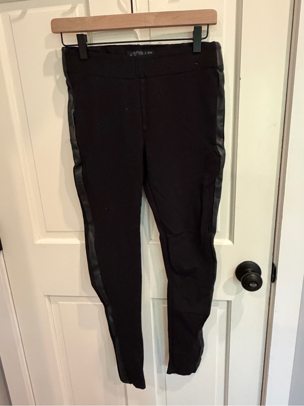 Women’s Black Leggings with Faux-Leather Side Stripes